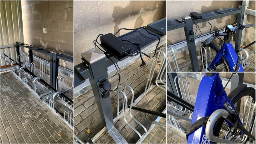 Stojany na kola s integrovanou elektrickou venkovní zásuvkou 230 V a odkládací plochou pro nabíjecí zdroje_FUN 500 BN 230 V_Opravdové parkování pro elektrokola